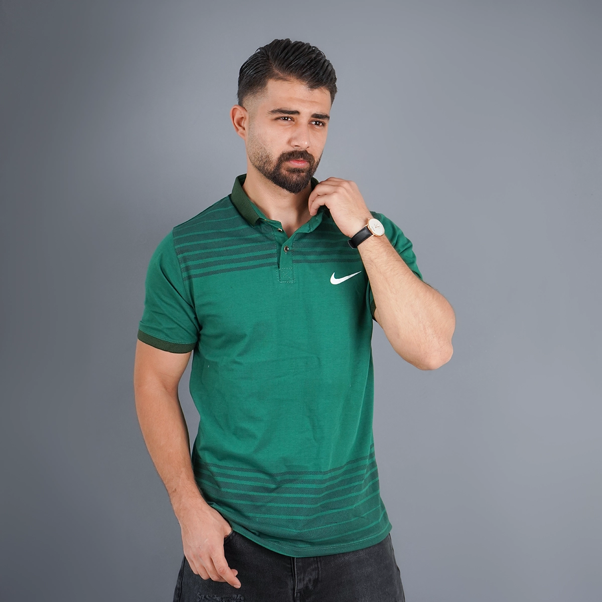 تیشرت یقه دار راه راه سبزمدل Farhan