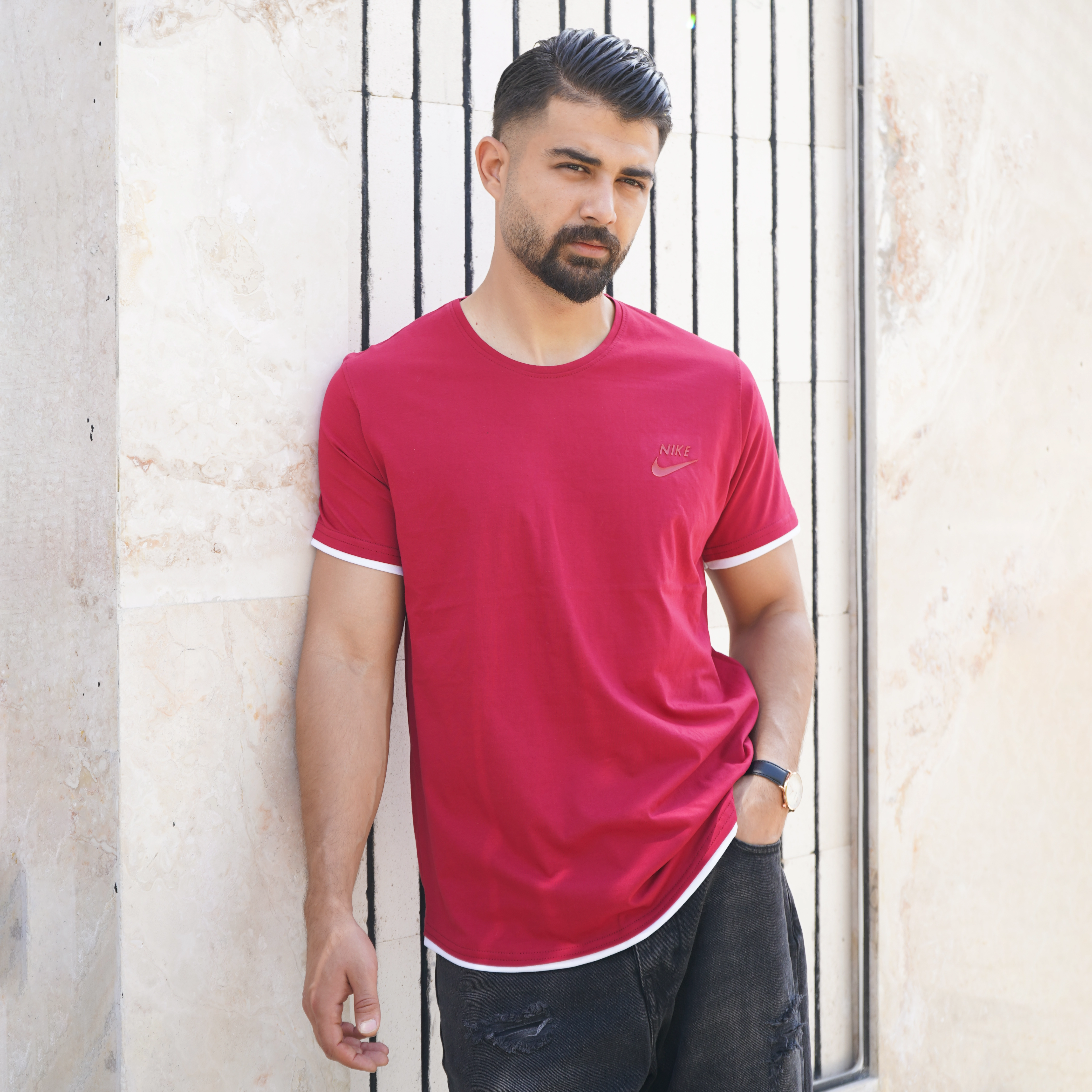 تیشرت یقه گرد قرمز مردانه مدل kamyar