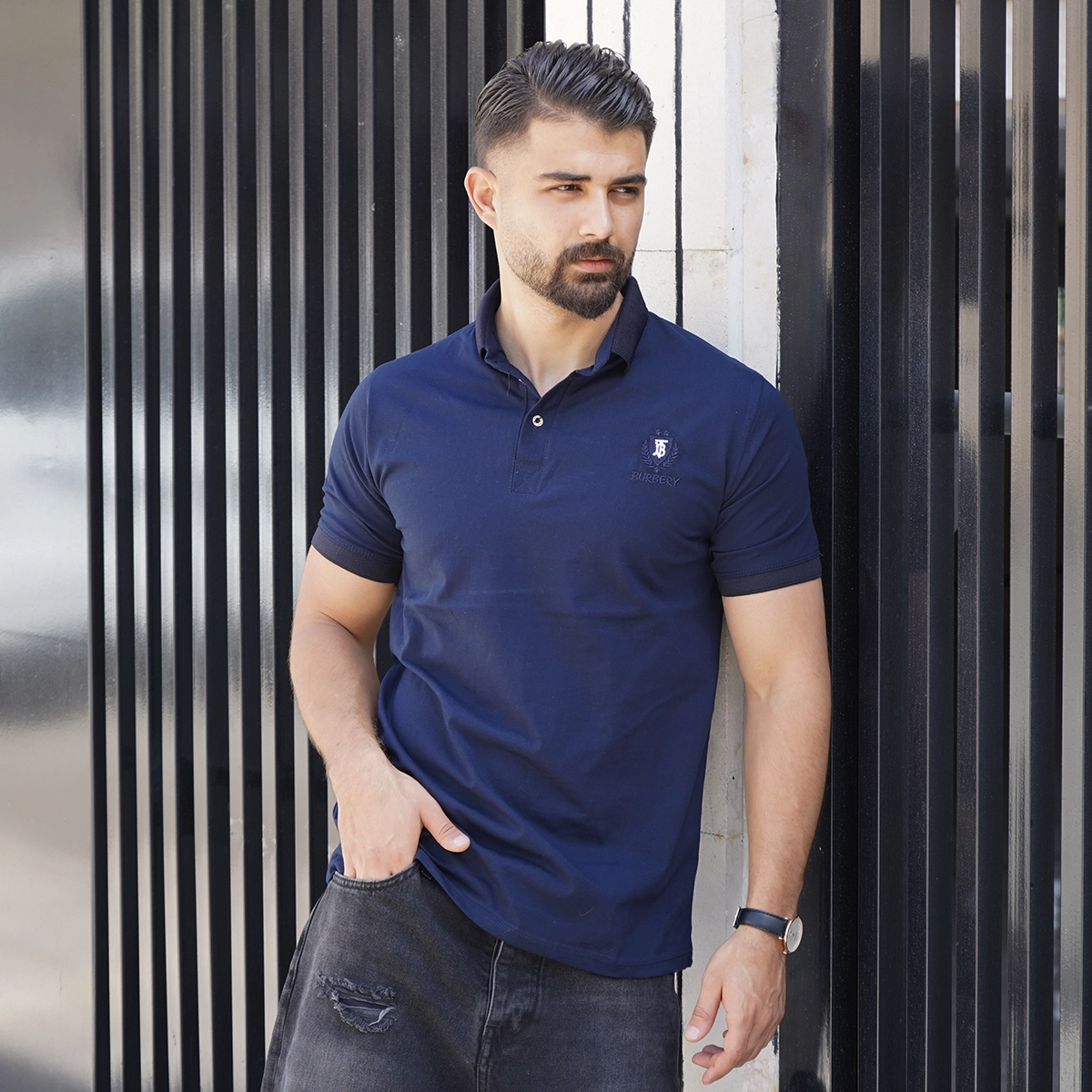 تیشرت یقه دار سرمه ای مردانه مدل Taha