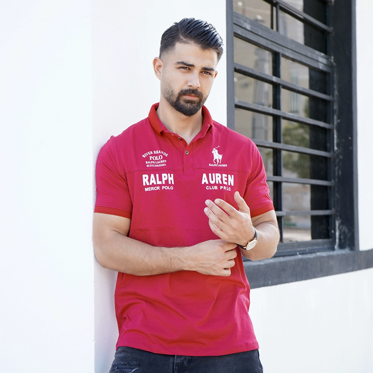 تیشرت یقه دار قرمز مردانه مدل Ralph