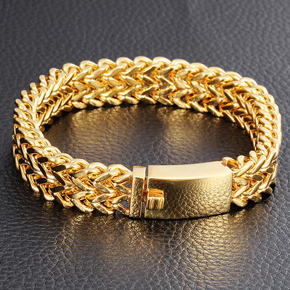 دستبند زنجیری ضخیم طلایی مردانه مدل H23