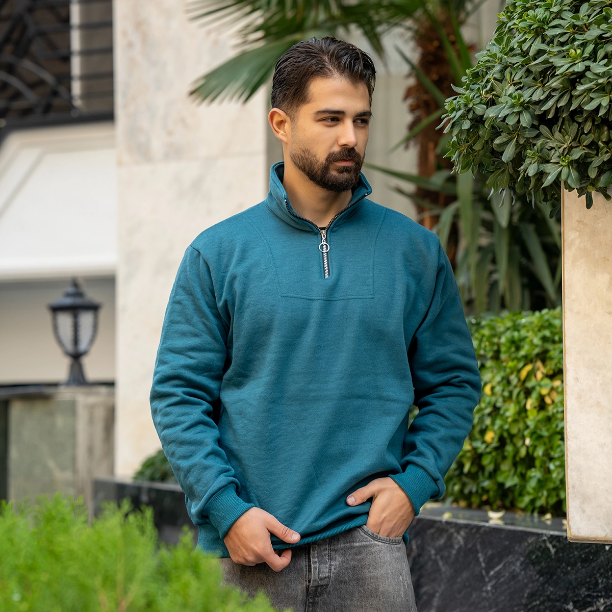 هودی نیم زیپ مردانه سبز مدل Shobin