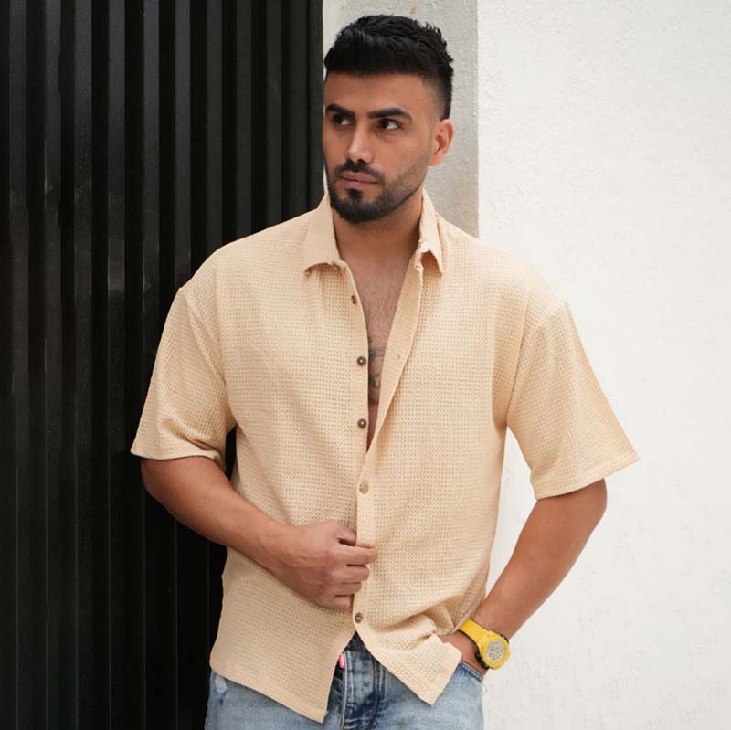 پیراهن مردانه باکسی سوزنی کرم