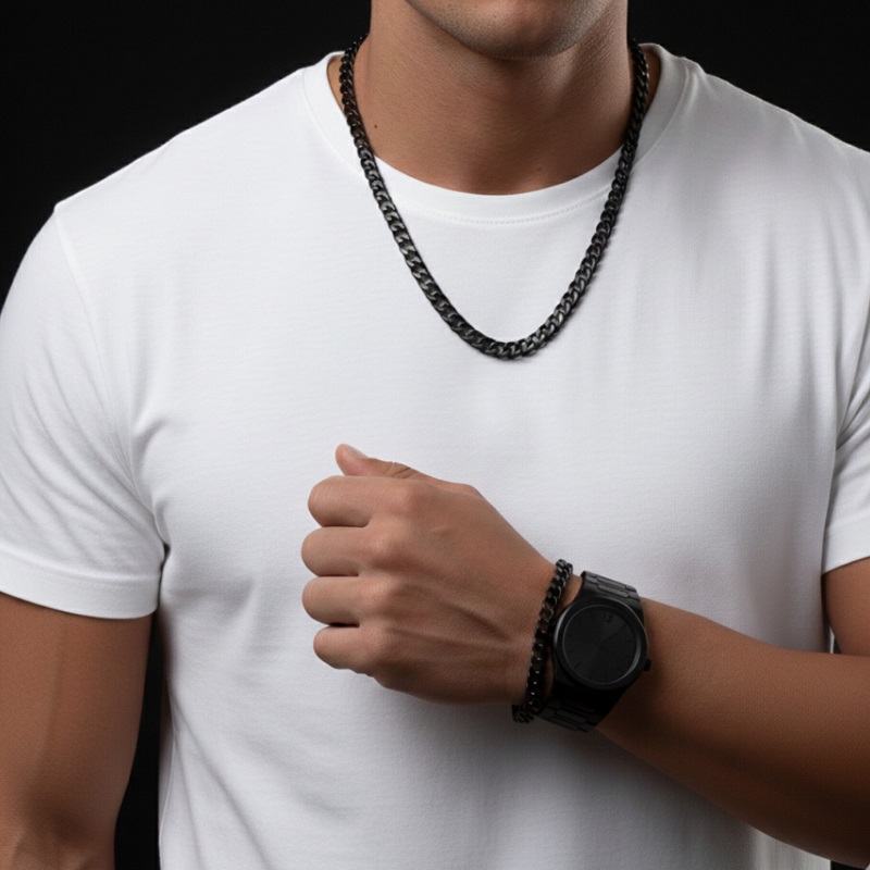 ست مردانه ساعت و دستبند و گردنبند solid black-مشکی