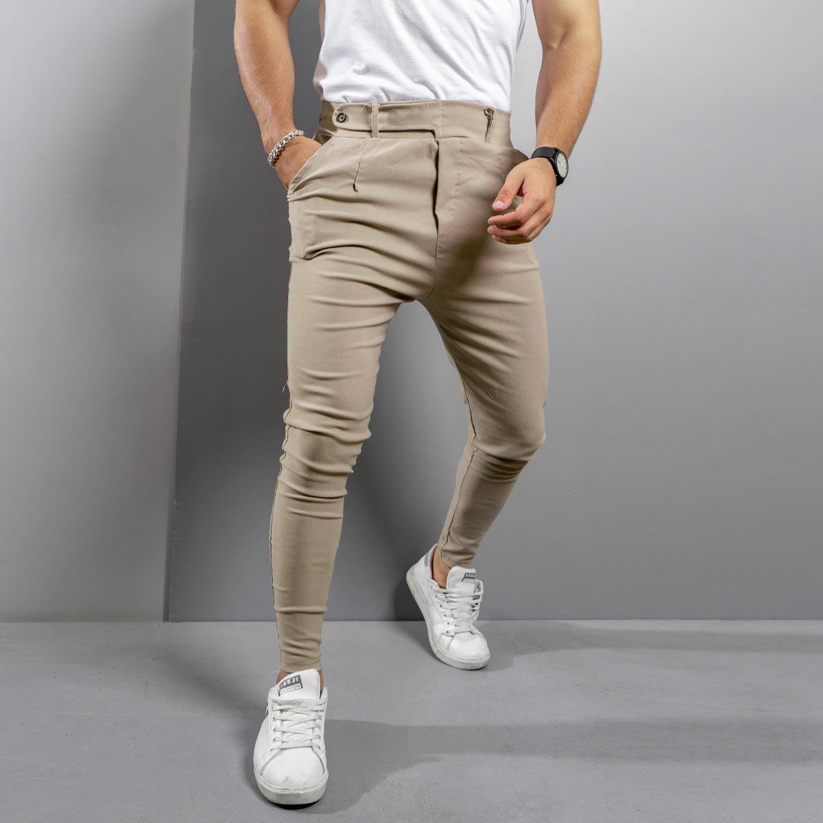 شلوار اسلش کمربندی کرمی مردانه مدل Zaros