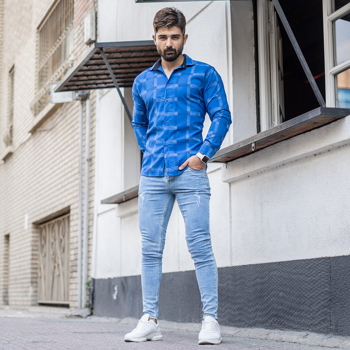 پیراهن چهار خونه آبی روشن مردانه مدل Siyam